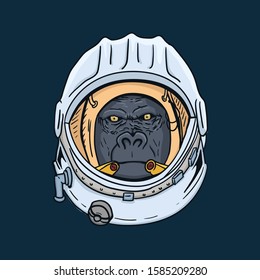 Gorilla Head in Spaceman Helmet Hand Drawn. T-shirt print. Vector illustration