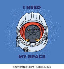 Gorilla Head in Spaceman Helmet Hand Drawn. T-shirt print. Vector illustration
