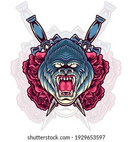 Gorilla-Kopf mit Schwert und Rose-Illustration für Ihre Ware oder Ihr Unternehmen