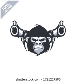 Gorilla Kopf mit zwei Pistole, taktisches Team, Airsoft Pistole oder Paintball Club Logo. Design-Element für Firmenlogo, Etikett, Emblem, Bekleidung oder andere Waren. Skalierbare und bearbeitbare Vektorgrafik