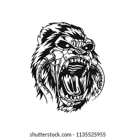 Gorilla head vector graphic illustration black and white.