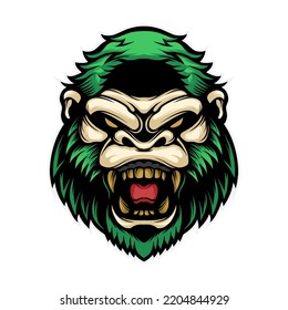 gorilla head vector illustration with angry face showing fangs and green hair