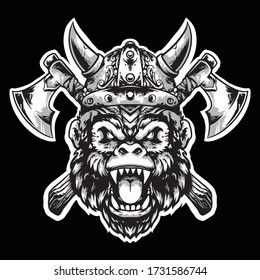 gorilla head viking with helmet and axe vector mascot design