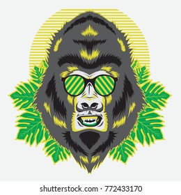 Gorilla Head Wearing Glasses with Leaves around it Logo Badge Design