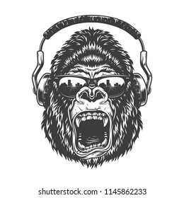 Gorilla with headphones in the glasses. Vector illustration.