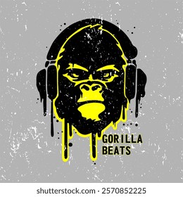 gorilla with headphones listerning to music