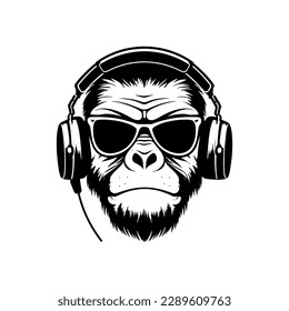 Gorilla headphones mascot logo ,hand drawn illustration.