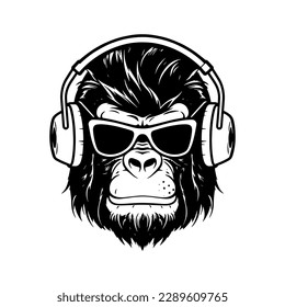 Logo de la mascota de auriculares de gorila, ilustración dibujada a mano.