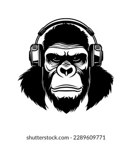 Logo de la mascota de auriculares de gorila, ilustración dibujada a mano.