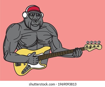 Gorilla with headphones playing bass guitar