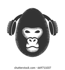 Gorilla with headphones vector illustration.Prints design for t-shirt.Street style label