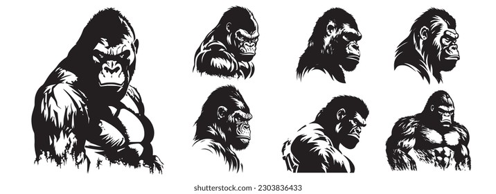 Gorilla heads black and white vector. Silhouette svg shapes of gorilla illustration.