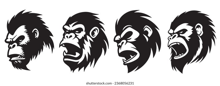 Gorilla heads black and white vector, silhouette shapes of gorilla illustration