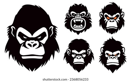 Cabezas de gorila vectores blanco y negro, formas de silueta de ilustración de gorila