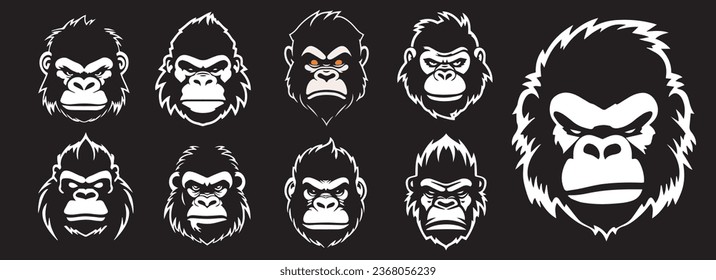 Gorilla heads black and white vector, silhouette shapes of gorilla illustration