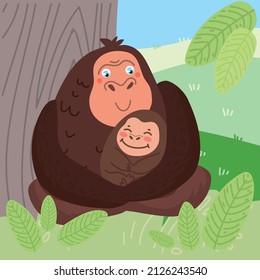 Gorilla and her Baby Funny Kid Graphic Illustration