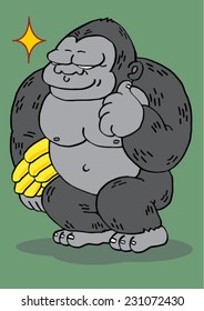 Gorilla holding banana thumbs up with tricky smile green background