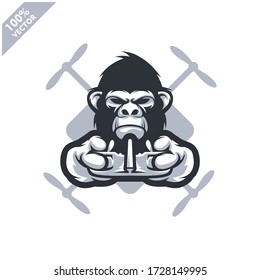 Gorilla holding Drone controller. Mascot logo for drone racing team, drone club or store. Design element for company logo, apparel or other merchandise. Scalable and editable vector illustration.