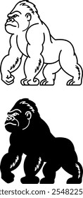 Iconos de gorila. Ilustración vectorial en blanco y negro. Mono, Grande y peligroso primate. Para el diseño de libros para colorear. Concepto de animales