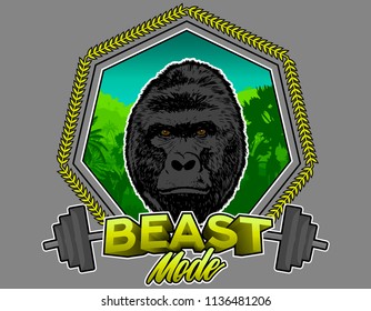 Gorilla Illustration, fitness beast mode training, with grey background. Vector Illustration.