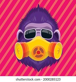 Ilustración de gorilas, vector, con máscara de humo, con vidrio de sol, caricatura de gorila frío