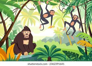 Gorilla-Dschungelhintergrund. Cartoon lustige tropische neanderthal exotische Primaten, lustige Affen im Dschungel, brutale und Babycharzer. Vektorgrafik auf wildem Tierhintergrund.