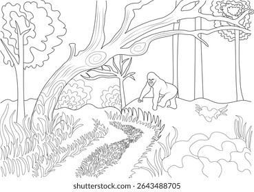 Gorilla in Jungle - Line Art Coloring Page, Black and white line drawing illustrating a gorilla standing on a path within a detailed jungle landscape. Features lush foliage, trees, and a winding