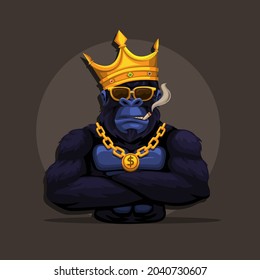 Gorilla king kong monkey wear crown and smoking mascot symbol cartoon illustration vector