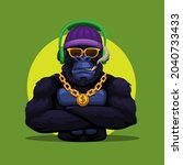 Gorilla king kong monkey wearing headset and gold necklace mascot character illustration vector
