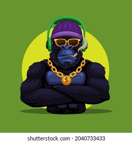 Gorilla king kong monkey wearing headset and gold necklace mascot character illustration vector