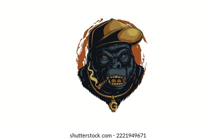 Gorilla king kong monkey wearing headset and gold necklace mascot character illustration vector