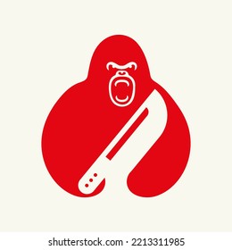 Gorilla Knife Logo Negative Space Concept Vector Template. Gorilla Holding Knife Symbol