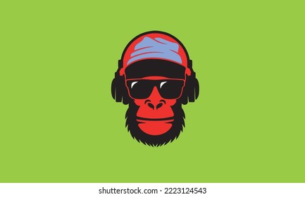 Gorilla in knitted hat, sunglasses and headphones. Cool Monkey