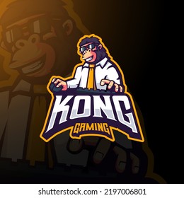 Gorilla Kong gaming wearing glasses and office wear holding keyboard and mouse mascot logo design illustration vector for esport