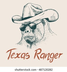 Gorilla like a texas ranger dressed in sheriff hat.Prints design for t-shirts