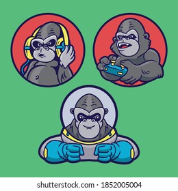 gorilla listen to music, play games and become an astronaut animal logo mascot illustration pack