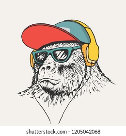 gorilla listening music in headphones.Hand drawn vector illustration.Prints design for t-shirts