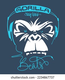 Gorilla listening to music on headphones, T-shirt print.