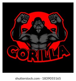 Gorilla logo black and red color. Ferocious angry gorilla mascot logo cartoon character. The gorilla is standing with holding two hands and giving wild expression. Vector design logotype