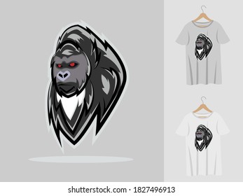 Logo de Gorilla diseño de mascota con camiseta. Ilustración de cabeza de gorila para equipo deportivo y camiseta de impresión