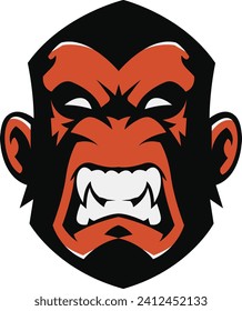 Gorilla logo for a sport team. chimpanzee logo illustration. gibbon mascot design for esport and gaming logo. Dark Red humanoid head emblem. monkey Vector illustration for any kind of graphic design