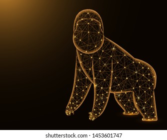 Gorilla low poly model, African animal abstract graphics, primate polygonal wireframe vector illustration on dark yellow background