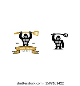 Gorilla man logo illustration doing any activity. The animal mascot character look happy head face and silhouette full body. Vintage look Flat modern design. Apply to web site, smart mobile phone apps