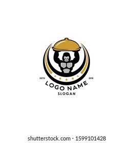 Gorilla man logo illustration doing any activity. The animal mascot character look happy head face and silhouette full body. Vintage look Flat modern design. Apply to web site, smart mobile phone apps