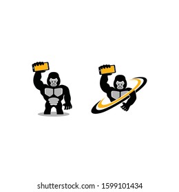 Gorilla man logo illustration doing any activity. The animal mascot character look happy head face and silhouette full body. Vintage look Flat modern design. Apply to web site, smart mobile phone apps