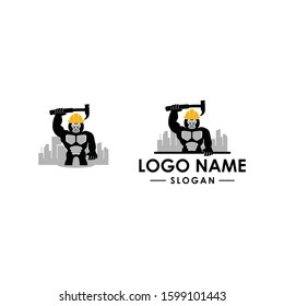 Gorilla man logo illustration doing any activity. The animal mascot character look happy head face and silhouette full body. Vintage look Flat modern design. Apply to web site, smart mobile phone apps