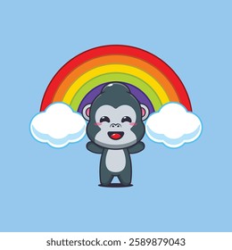 gorilla mascot cartoon character vector illustration with rainbow.
design element for poster, brochure, web, mascot, sticker, logo and icon.