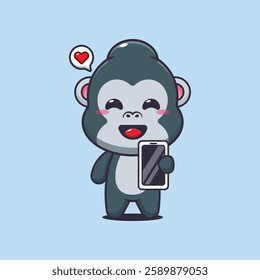 gorilla mascot cartoon character vector illustration with mobile phone.
Design element for poster, brochure, web, mascot, sticker, logo and icon.