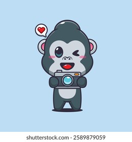 gorilla mascot cartoon character vector illustration with camera.
Design element for poster, brochure, web, mascot, sticker, logo and icon.