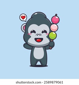 gorilla mascot cartoon character vector illustration eating dango. 
design element for poster, brochure, web, mascot, sticker, logo and icon.